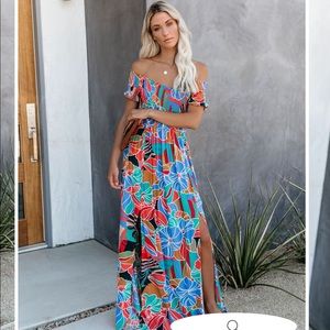 PUT IT IN PRINT SMOCKED SLIT MAXI DRESS